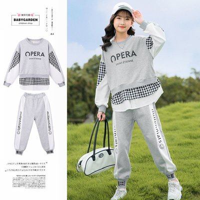 【TD2453】✿寶貝花園✿2024秋季新品 女童 中大童 字母拚色上衣+休閒長褲 二件套 套裝 親子款