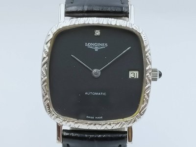 【發條盒子K0077】LONGINES 浪琴 黑面方型自動日期顯示不銹鋼經典男錶L994.1機芯