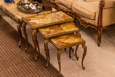 西洋古董洛可可風大理石銅鎏金雕花花幾三連桌