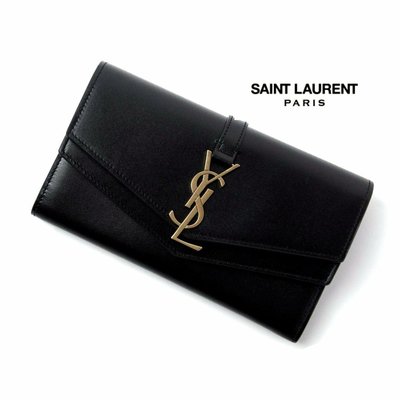 Saint Laurent Paris YSL (黑色×金屬淡金色) 雙層信封型 真皮 兩摺長夾 皮夾 錢包｜100%全新正品｜特價！
