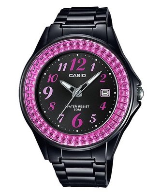 CASIO 卡西歐漾粉紅鑽女王簡潔時尚風黑面阿拉伯數字指針日曆腕錶 型號：LX-500H-1B