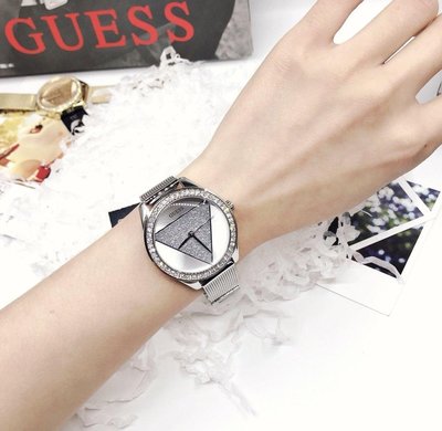 原廠正品美國GUESS手錶(W1142L1)鑲嵌水晶鑽銀色米蘭編織不銹鋼錶帶石英女生時尚潮流休閒腕錶37mm(情人節生日禮物推薦首選)