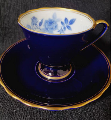 日本香蘭社咖啡杯 藍釉藍色玫瑰花花紋 高叫咖啡杯 共3組 特