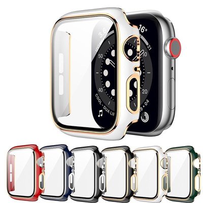 適用Apple Watch7 雙色電鍍PC殼+鋼化玻璃貼一體保護套 Iwatch 7 6 5 4 SE 全包防刮一體殼