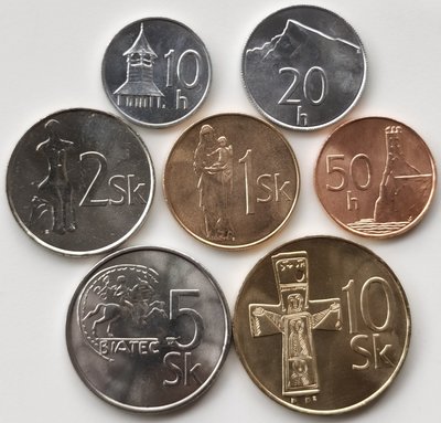 小蘇潮流館 斯洛伐克新版硬幣7枚一套大全套 10赫勒-10克朗 全新UNC 外國錢幣 PB