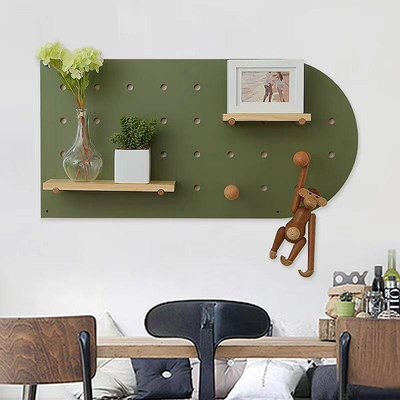 扇形拱形洞洞板置物架掛板 弧形木質墻上收納壁掛綠色彩色展示架*特價