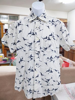 (二手瑕疵品)Nautica白色海鳥紋棉麻質感短袖襯衫(M)(B563)
