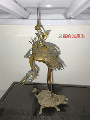 日本回流銅器 老銅器龜鶴燭臺 擺件一對 大明宣德 落款  老