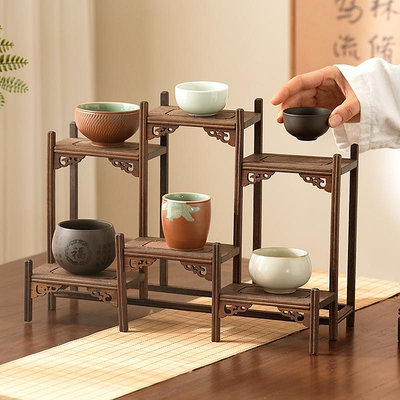 桌面博古架小型實木多寶閣茶具擺件茶葉架紫砂茶壺展示架子--原久美子