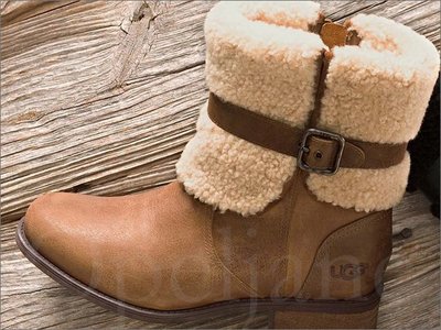 美國購入真品 UGG 棕色真皮 個性短靴 雪靴 馬丁靴 厚底 賞雪保暖 鋪毛附鞋盒7.5號 24.5號 愛COACH包包