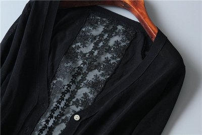 東洋&ES外單夏季高檔涼感冰絲亞麻 背蕾絲拼接防曬七分袖薄針織外套