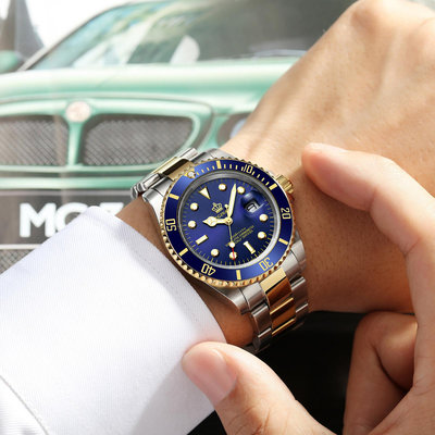 男士手錶 男士手錶日歷腕錶高端簡約跨境防水精鋼旋轉圈口藍水鬼學生運動錶