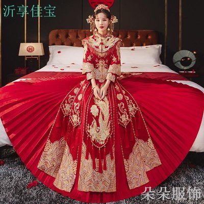 新款秀禾結婚婚服 復古中式新娘服 大尺碼孕婦紅色龍鳳褂