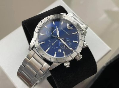 EMPORIO ARMANI Mario 藍色面錶盤 銀色不鏽鋼錶帶 石英 三眼計時 男士手錶 AR11306