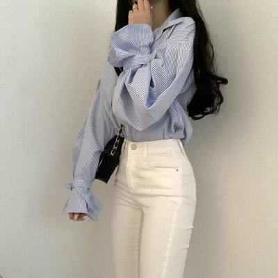 C14MA韓國chic法式小眾秋裝設計感細條紋寬鬆襯衫女簡約內搭長袖上衣潮