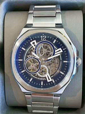 FOSSIL Evanston Automatic 藍色鏤空錶盤 銀色不鏽鋼錶帶 男士 自動機械錶 BQ2620