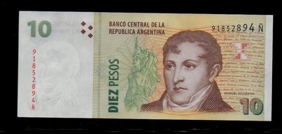 【低價外鈔】阿根廷ND(2003) 年 10 PESO 紙鈔一枚，絕版少見~