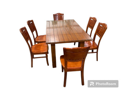 桃園國際二手貨中心----{全實木製}  餐桌椅組  餐桌+餐椅  5尺一桌六椅   原木.實木桌椅  {椅子可單售}