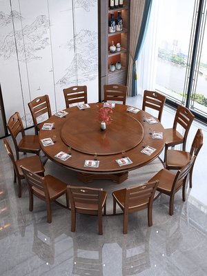 新中式實木餐桌椅組合帶轉盤10人電磁爐大圓桌家用圓形酒店吃飯桌