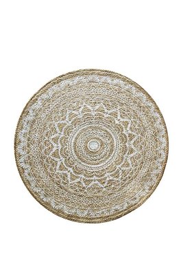 Mandala白色圖騰 天然黃麻圓形地毯 90cm 圓形地墊 黃麻地毯 黃麻地墊 印花地墊