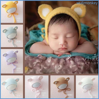 Wu 新生兒攝影擺姿勢道具可愛耳朵鉤針針織帽子嬰兒嬰兒豆豆帽子照片配件