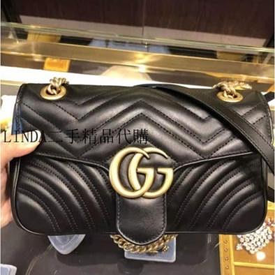 LINDA二手精品代購 Gucci 443496 黑色 GG Marmont matelasse 雙鏈包 斜挎包 手提包