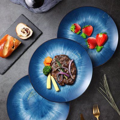 日式新款網紅西餐盤漸變陶瓷盤牛排盤圓盤蛋糕盤水果沙拉盤可微波