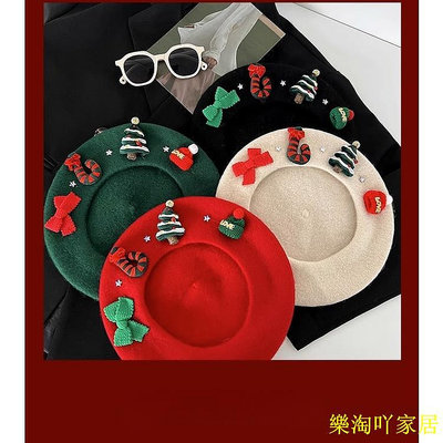 【現貨】冬季保暖百搭學生畫家帽潮日系甜美耶誕元素紅色羊毛尼貝雷帽子女【滿599免運】