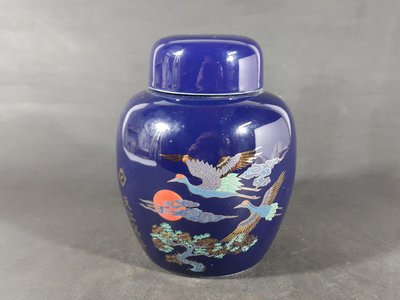 [銀九藝] 早期陶瓷 藍釉 雙鶴 天仁茗茶 茶倉 茶葉罐