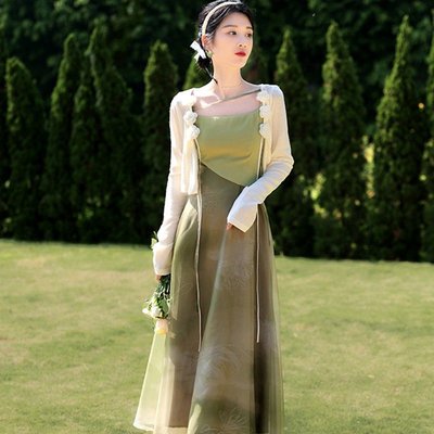 快速到貨 春夏新款唯美中國風女裝中式復古水墨畫吊帶洋裝玫瑰外套裝
