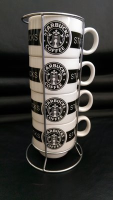 STARBUCKS 星巴克~疊疊杯(1組/4杯) 含鐵架~陶瓷咖啡杯 膠囊咖啡適用-4色可選(實拍圖)黑/綠/紅/棕已絕版，要買要快!!
