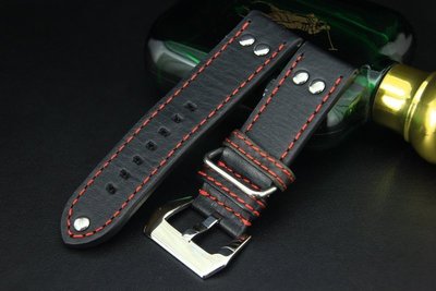 banda德國軍錶vintage冒險風格鉚釘24mm直身黑色真皮錶帶,沛納海panerai hamil