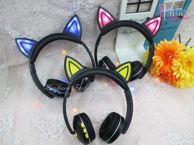☆[Hankaro]☆歐美流行熱銷發光貓耳造型藍芽頭戴式可折疊耳機