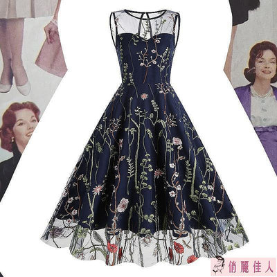 1950 年代 1960 年代赫本刺繡修身版型優雅舞會晚宴無袖花卉溜冰背心海軍藍色連衣裙