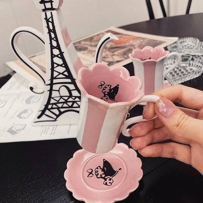 西洋古董粉色花瓣條紋貴賓狗法式風情咖啡杯碟茶杯茶碟
