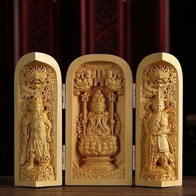 【熱賣精選】  佛教用品 三開盒佛龕 千手觀音 法像莊嚴 木雕擺件 黃楊木（GA-2401）