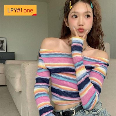 女裝韓版氣質彩虹條紋長袖針織毛衣【LPY#lone】