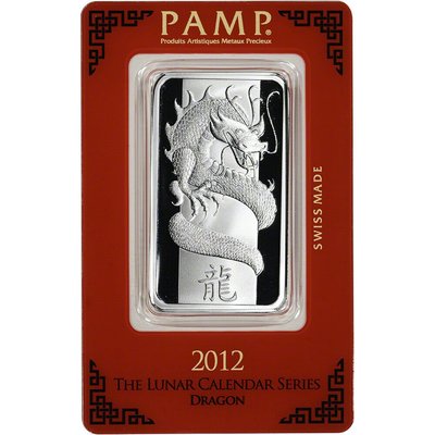 【海寧潮期貨】瑞士PAMP公司2012年生肖系列龍年1盎司紀念銀條