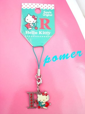 ☆POMER☆日本SANRIO 正品已絕版 凱蒂貓 HELLO KITTY 精緻閃亮紅水鑽擁抱英文字母大寫 R 手機吊飾