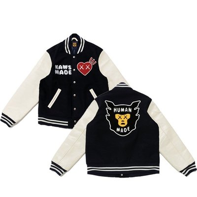 KK精選 HUMAN MADE ×KAWS VARSITY 聯名愛心猿人皮袖棒球服男女夾克外套