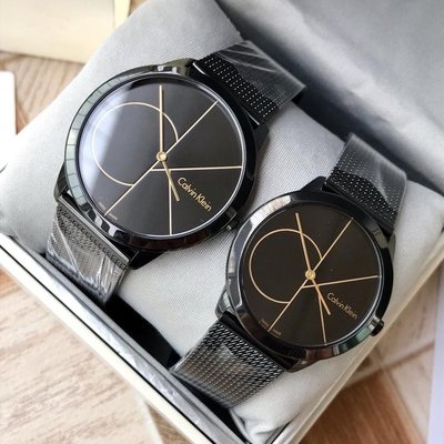 CALVIN KLEIN Minimal 黑色錶盤 米蘭編織不鏽鋼錶帶 石英 男女對錶 CK情侶對錶 K3M214X1/K3M224X1