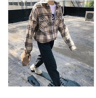 《TINO HOMME》2018秋冬新款日韓版非主流oversize磨毛格紋撞色寬鬆襯衫加大尺碼2XL
