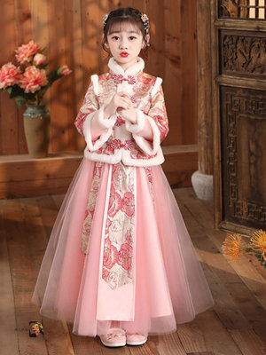 漢服女童秋冬裝新款唐裝兒童新年裝加厚寶寶拜年服中國風古裝超仙-西瓜鈣奶
