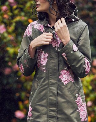Miolla 英國品牌Joules 綠底花朵桃皮絨防風防水腰部繫帶外套