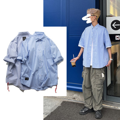 ∵ PRAY FOR FASHION ∴日系Cityboy復古藍白條紋落肩廓形紅繩工裝短袖襯衫