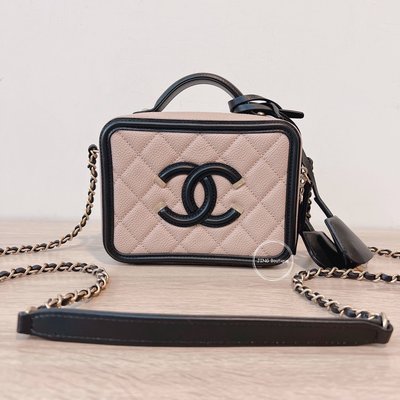 Chanel vanity case mini 全新 杏黑色 米黑色 荔枝 牛皮 手提 兩用包 化妝箱 A93342