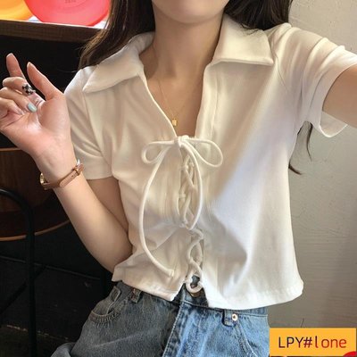 Polo領帶短袖t恤女夏季七分上衣女【LPY#lone】