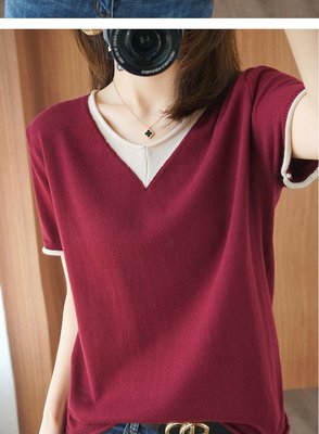 N400# 棉麻韓版針織短袖女v領寬鬆顯瘦T恤夏秋半袖衫純色打底衫  &amp;小咪的店&amp;