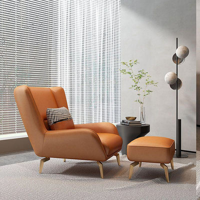 米思洛現代極簡休閑椅簡約客廳真皮單人沙發輕奢懶人陽台家用沙發-萬物起源