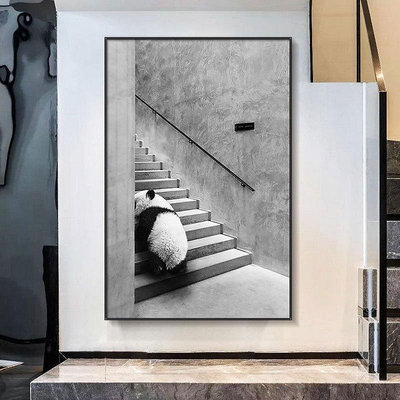 【支持定制】裝飾畫 家居裝飾 掛畫 熊貓裝飾畫黑白灰樓梯墻掛畫工業風動物玄關壁畫現代簡約客廳壁畫